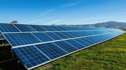 Extensive array of solar panels stretching across a grassy field under a clear blue sky on a sunny day