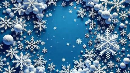 Aufkleber - A blue background with two trees and snow. The trees are covered in snow and the snow is falling. There are also two stars and a yellow ball in the snow