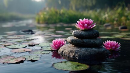 Aufkleber - Stone lantern in harmony with peaceful lotus pond concept. Tranquil scene with lotus flowers blooming on serene water.