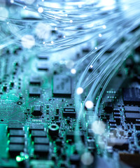 Close-up of a circuit board with glowing fibre optics representing data and innovation