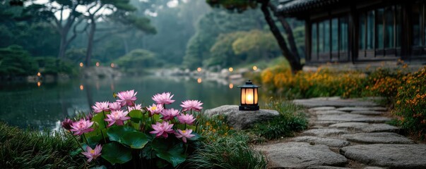 Poster - Tea pavilion with minimalism and rock by lantern concept. A serene garden scene featuring pink lotus flowers by a tranquil pond.
