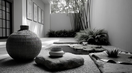 Poster - Tea pavilion with minimalism and rock by lantern concept. A serene indoor space featuring zen decor and natural elements.