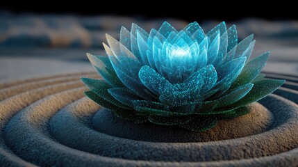 Poster - Raked sand patterns in tranquility with lantern and lotus concept. A luminous lotus flower surrounded by tranquil sand patterns.