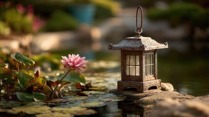 Poster - Stone lantern in harmony with peaceful lotus pond concept. A serene lantern beside a blooming lily pad in tranquil waters.