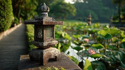 Poster - Stone lantern in harmony with peaceful lotus pond concept. A serene garden lantern beside blooming lotus flowers.