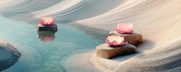 Poster - Raked sand patterns in tranquility with lantern and lotus concept. Serene water scene featuring pink lotus flowers on smooth rocks.
