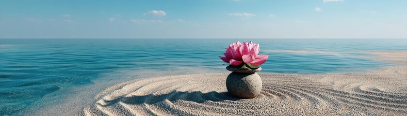 Poster - Raked sand patterns in tranquility with lantern and lotus concept. A serene lotus flower on sandy beach near calm waters.