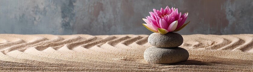 Poster - Raked sand patterns in tranquility with lantern and lotus concept. A serene pink lotus flower atop stacked stones in sand.