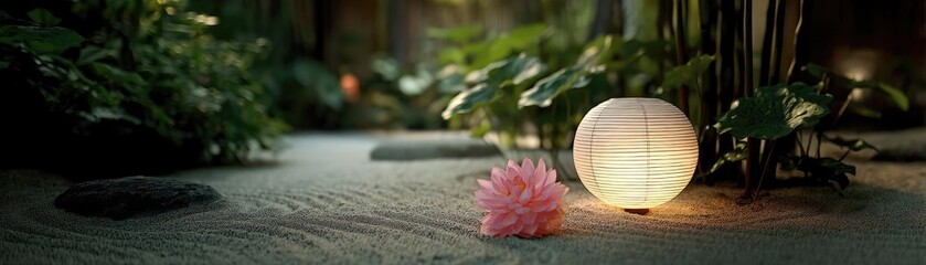 Poster - Raked sand patterns in tranquility with lantern and lotus concept. Peaceful garden scene with lantern, flowers, and serene atmosphere.