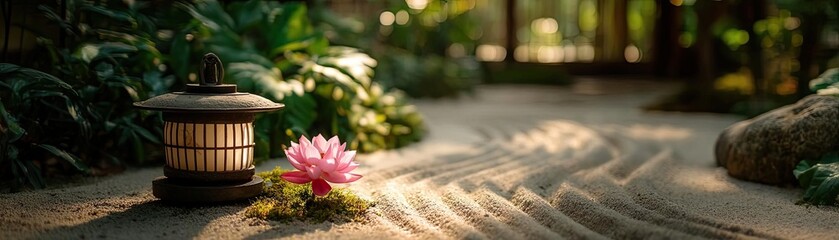 Poster - Raked sand patterns in tranquility with lantern and lotus concept. A tranquil scene featuring a beautiful lotus flower in nature.