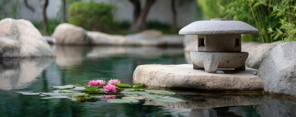 Poster - Stone lantern in harmony with peaceful lotus pond concept. Serene stone lantern by a tranquil pond with blooming water lilies.