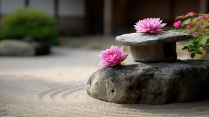 Poster - Raked sand patterns in tranquility with lantern and lotus concept. A serene stone with pink flowers in a tranquil sand garden.