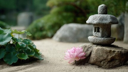 Poster - Raked sand patterns in tranquility with lantern and lotus concept. A serene stone lantern beside a pink flower in peaceful sand.