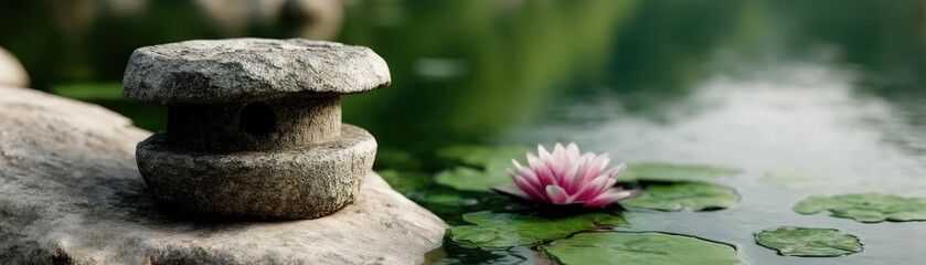 Poster - Stone lantern in harmony with peaceful lotus pond concept. A serene scene featuring a stone and a blooming water lily.