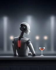 Poster - Luxury cyber-lounge with a panoramic city view, AI bartenders serving glowing drinks, futuristic fashion trends on display, neon ambiance, stylish and immersive nightlife scene