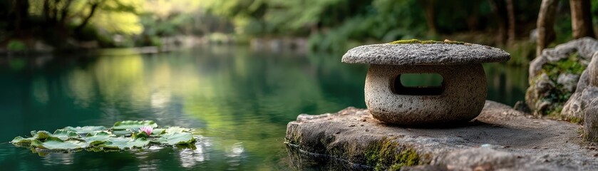 Poster - Stone lantern in harmony with peaceful lotus pond concept. Tranquil stone lantern by a serene lake surrounded by greenery.