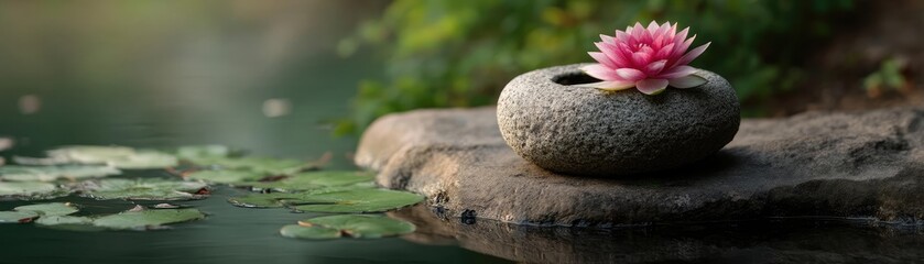 Poster - Stone lantern in harmony with peaceful lotus pond concept. A serene pink lotus flower resting on a smooth stone.