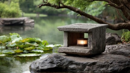 Poster - Tea pavilion with minimalism and rock by lantern concept. A serene stone lantern by a tranquil pond surrounded by nature.