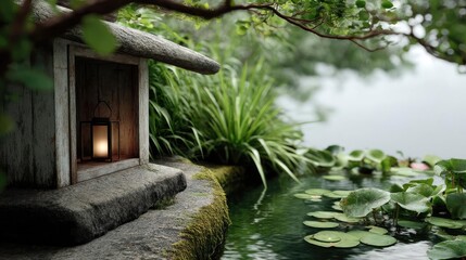 Poster - Tea pavilion with minimalism and rock by lantern concept. Serene garden scene with a lantern by a tranquil pond.