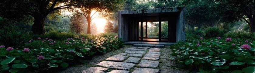 Poster - Tea pavilion with minimalism and rock by lantern concept. A serene pathway leads to a modern structure surrounded by nature.