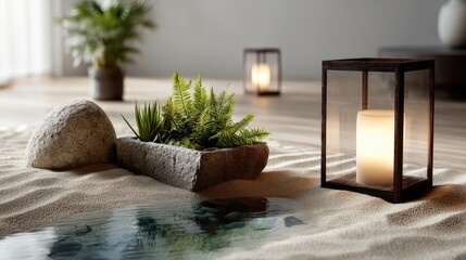 Poster - Raked sand patterns in tranquility with lantern and lotus concept. Tranquil indoor setting with candles, plants and soft sand.