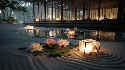 Poster - Raked sand patterns in tranquility with lantern and lotus concept. Serene scene with floating flowers and lanterns by a tranquil pond.