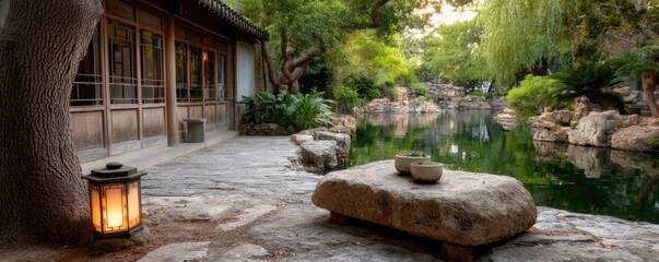 Poster - Tea pavilion with minimalism and rock by lantern concept. A tranquil garden scene featuring a serene pond and rocks.