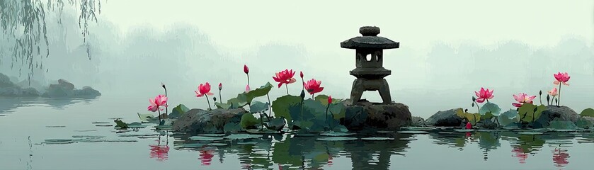 Aufkleber - Stone lantern in harmony with peaceful lotus pond concept. A serene landscape featuring lotus flowers and a stone lantern.