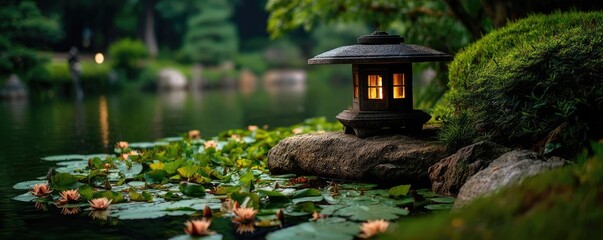 Poster - Tea pavilion with minimalism and rock by lantern concept. Tranquil garden scene featuring a lantern by a serene pond.