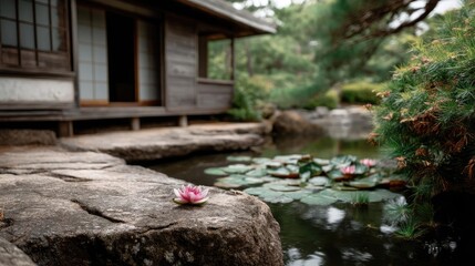 Poster - Tea pavilion with minimalism and rock by lantern concept. Serene garden scene featuring a traditional house and lotus flower.