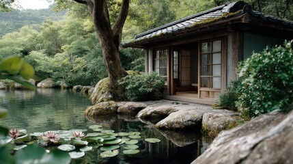 Poster - Tea pavilion with minimalism and rock by lantern concept. Serene lakeside retreat surrounded by lush greenery and tranquil water.