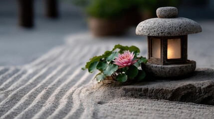 Poster - Raked sand patterns in tranquility with lantern and lotus concept. A serene stone lantern beside a delicate pink flower in sand.