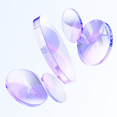 Poster - 3d crystal light holographic glass round disks on light background. Abstract circle discs with iridescent gradient, glare and motion effect. Render geometric cylinder plate shapes. 3D illustration