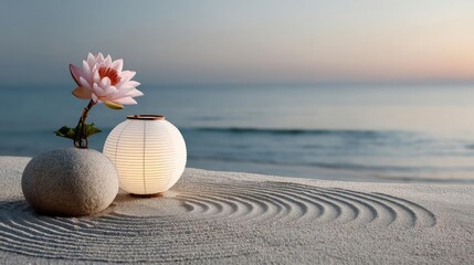 Poster - Raked sand patterns in tranquility with lantern and lotus concept. A tranquil beach scene with a lotus flower and glowing lantern.