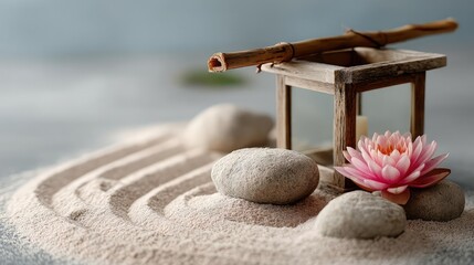 Poster - Raked sand patterns in tranquility with lantern and lotus concept. A tranquil sand garden with stones and a pink lotus flower.