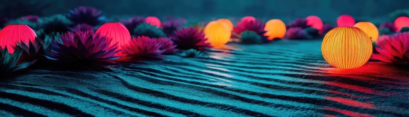 Poster - Raked sand patterns in tranquility with lantern and lotus concept. Colorful lanterns illuminate a serene sand landscape at night.