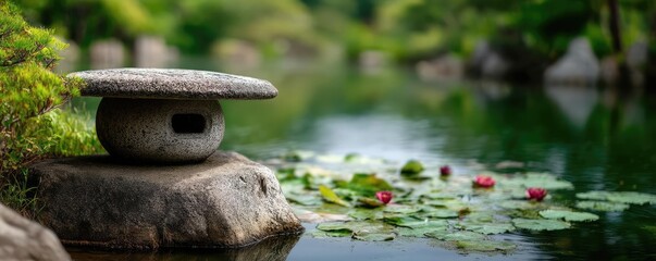 Poster - Stone lantern in harmony with peaceful lotus pond concept. Serene stone lantern by a tranquil pond surrounded by greenery.