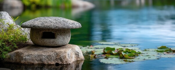 Poster - Stone lantern in harmony with peaceful lotus pond concept. A tranquil stone lantern by a serene pond with lily pads.