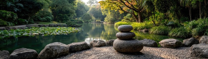 Poster - Stone lantern in harmony with peaceful lotus pond concept. Tranquil landscape with stacked stones by a serene lake.