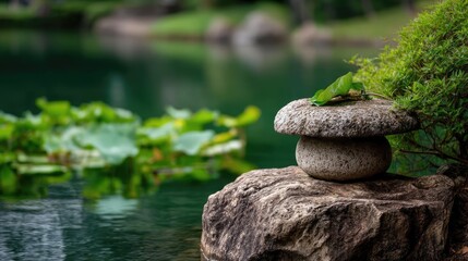 Poster - Stone lantern in harmony with peaceful lotus pond concept. A serene view of a stone lantern beside a tranquil pond.