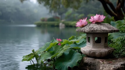 Poster - Stone lantern in harmony with peaceful lotus pond concept. A serene view of a lantern beside lotus flowers by the water.