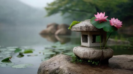 Poster - Stone lantern in harmony with peaceful lotus pond concept. A serene stone lantern adorned with pink lotus flowers by the water.