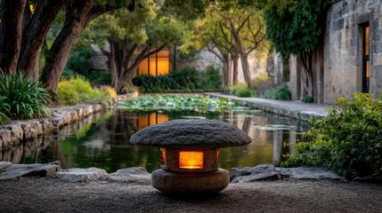 Poster - Stone lantern in harmony with peaceful lotus pond concept. Serene garden scene with lantern by a tranquil pond.