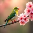 © Chansoo Park - 섬세한 분홍색 벚꽃으로 장식된 나뭇가지에 앉아 있는 생기 넘치는 새가 담겨