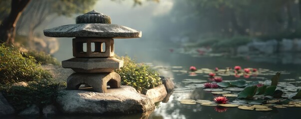 Poster - Stone lantern in harmony with peaceful lotus pond concept. A serene stone lantern near tranquil water and blooming lilies.