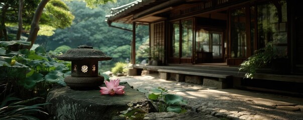 Poster - Tea pavilion with minimalism and rock by lantern concept. A serene traditional house surrounded by lush greenery and flowers.