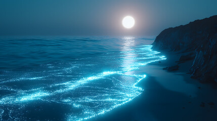 Wall Mural - Serene Moonlight Coastal Glow: The moon casts a luminescent pathway on the tranquil sea. The shoreline, touched by glowing bioluminescence, embraces the cliffs.