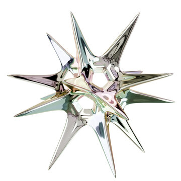 Y2K Chrome Spike Orb: A 3D rendered ball covered in sharp, reflective chrome spikes, embodying a futuristic, early 2000s aesthetic.