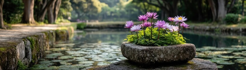 Poster - Stone lantern in harmony with peaceful lotus pond concept. A serene pond with vibrant lotus flowers in natural surroundings.