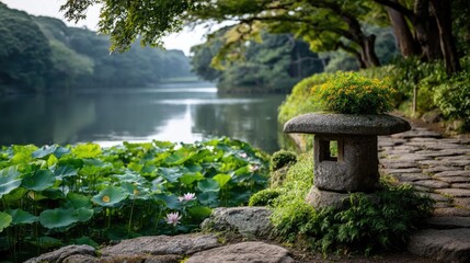 Poster - Stone lantern in harmony with peaceful lotus pond concept. Serene garden scene with lotus, stone lantern, and calm water.